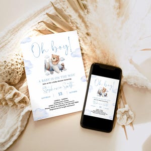 Airplane Teddy Bear Baby Shower Invitation | Blue Airplane Oh Boy Fly high We Can Bearly Wait Blue airplane Editable Printable Download 088