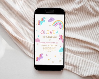 Editable Unicorn Birthday Mobile Invitation Magical Party Invite Girl Pink Pastel First Digital Unicorn Party Template Rainbow Download 094