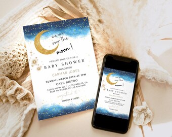 MODIFIABLE Faire-part de baby shower Nous sommes sur la lune, modèle de téléphone 1201 d'invitation électronique pour baby shower petite étoile scintillante bleu
