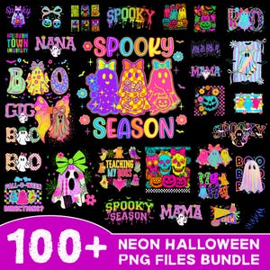 Puede incluir: Una colección de más de 100 archivos PNG de Halloween neón. Los diseños presentan fantasmas, calaveras, calabazas y las palabras "Spooky Season", "Mama" y "Boo Crew". La paleta de colores incluye rosa brillante, amarillo, verde y morado sobre un fondo negro.