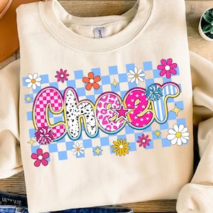 Cheer Png, Preppy Cheer Mom Shirt Sublimation, Cheer Season Png, Team Spirit Png, Cheerleader Coquette Png, Colorful Checker Bow Pom Pom Png