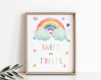 Könnte beinhalten: Ein Aquarelldruck mit einem Regenbogen, Wolken und Herzen. Der Text "Sweet and Treats" steht unter dem Regenbogen.