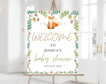Op de afbeelding: Welkom op Jessica's babyshower bord met een vos-illustratie, groene bladeren en eikels. De datum is 21 november 20XX.