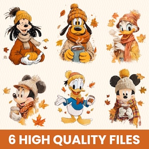 May include: Watercolor illustrations of Disney characters in fall attire. Goofy holds a pumpkin, Pluto has a mug, and Daisy Duck holds a coffee cup. Mickey and Minnie Mouse are also featured, along with Donald Duck. The text "6 HIGH QUALITY FILES" is at the bottom.