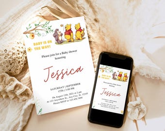 EDITABLE Winnie the Pooh Baby Shower Invitation, Vintage Winnie Bear baby shower Electronic Invitation Phone Template 1229