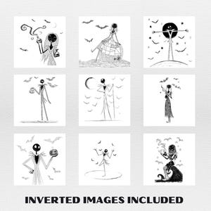 May include: Nine monochrome illustrations of characters from "The Nightmare Before Christmas" are displayed. Each square image shows Jack Skellington and Sally in different poses, with bats. The text "INVERTED IMAGES INCLUDED" is at the bottom of the image.