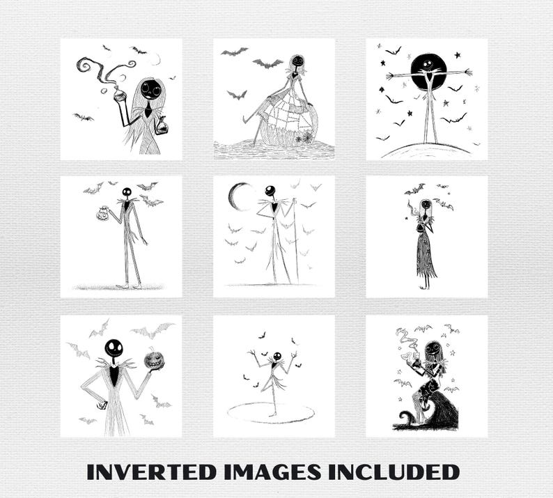 May include: Nine monochrome illustrations of characters from "The Nightmare Before Christmas" are displayed. Each square image shows Jack Skellington and Sally in different poses, with bats. The text "INVERTED IMAGES INCLUDED" is at the bottom of the image.
