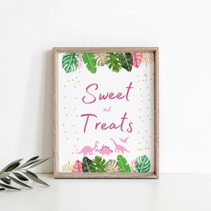 Editable Pink Dinosaur Birthday Table sign Pink & Gold Dinosaur Safari Girl Dinosaur, Gold Safari, Sweet and Treats sign, Birthday sign 1155