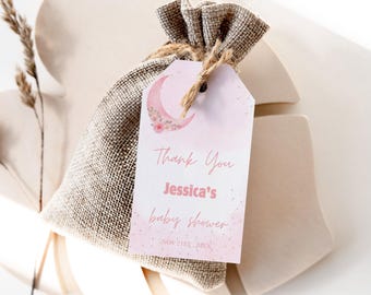 Editable Over the Moon Baby Shower Favor Tags, Pink Moon Floral Baby Shower Favor Tags, baby shower Gift tag 1242