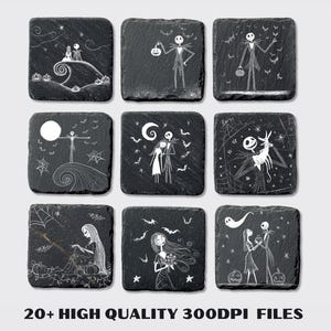 May include: Nine square black slate coasters with white etched illustrations of characters and scenes from The Nightmare Before Christmas. Each coaster features a different design, including Jack Skellington and Sally.