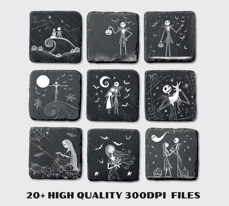 May include: Nine square black slate coasters with white etched illustrations of characters and scenes from The Nightmare Before Christmas. Each coaster features a different design, including Jack Skellington and Sally.