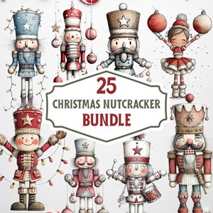 May include: A selection of festive Christmas nutcracker figures in diverse poses and attire. The figures are in red, blue, and gold, with star details, hats, and decorative elements. The image includes the text "25 Christmas Nutcracker Bundle."