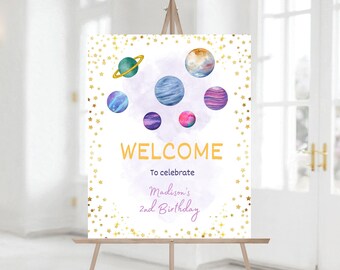 Editable Two The Moon Space Birthday Party Welcome Sign, Pink Gold Girl Galaxy Planets Outer Space Birthday Party Decor Sign Template 1153