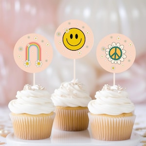 Groovy Birthday Cupcake Toppers Favor Tags Retro Birthday Party Decor Flower Power Groovy One Two 1st Download Digital PRINTABLE 044