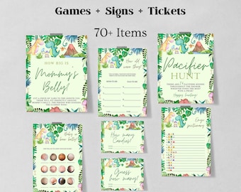 Paquete de juegos de dinosaurios para baby shower, imprimible, para niño, actividades de dinosaurios para baby shower (1230)