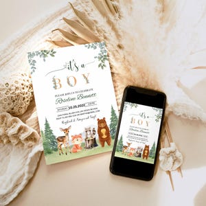 Woodland Baby Shower Invitation, EDITABLE Its a boy Pack, woodland animals invitations, Woodland Theme Instant download 076
