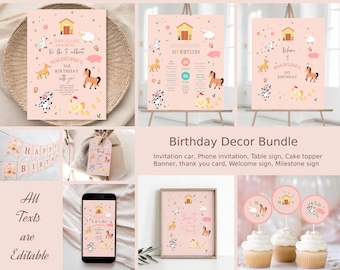 Bundle Editable Farm Birthday Invitation Girl Farm Animals Pink Barnyard Party Modern Pastel Download Printable Invite Template Digital 059
