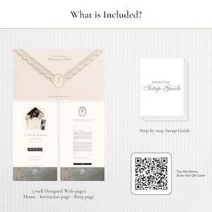 May include: A digital wedding invitation suite including an envelope graphic, three web pages for home, invitation, and RSVP, and a step-by-step setup guide. A QR code is provided to access the demo. The design features cream and white tones.