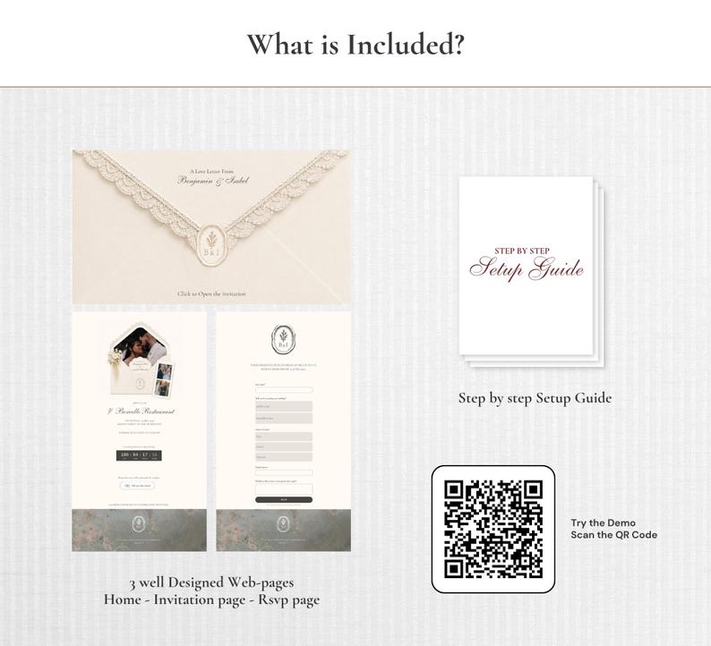 May include: A digital wedding invitation suite including an envelope graphic, three web pages for home, invitation, and RSVP, and a step-by-step setup guide. A QR code is provided to access the demo. The design features cream and white tones.