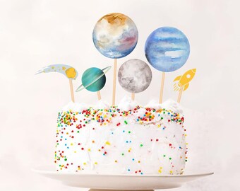 Topo de bolo espacial para impressão, centro de mesa espacial, festa de aniversário espacial, decoração de mesa de galáxia, menino astronauta, planetas, aquarela digital 121