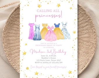 Editable Princess Birthday Invitation Princess Dress-Up Invite Royal Birthday Girl Pink Princess Dresses Template Corjl Printable 014