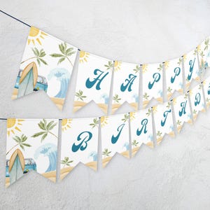 May include: A white and blue banner with the words "Happy Birthday" in teal blue letters. The banner has a beach theme with palm trees, a surfboard, and a blue van.