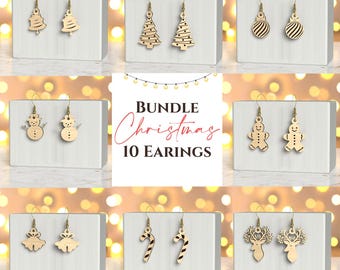 Bundle of 10 Christmas Bundle 10 Earrings Wood Laser Cut Svg, Earing, Christmas SVG, Earing SVG, LAser cut, Earing decoration, Earing png