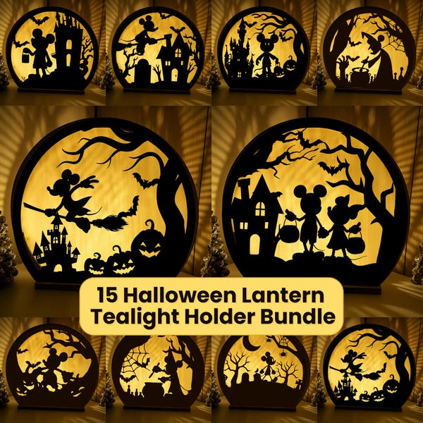 Spooky Mikey Halloween-lantaarn theelichthouder bundel, muis vrienden Halloween heks boomhut vleermuizen spookscène lamp lasergesneden digitaal