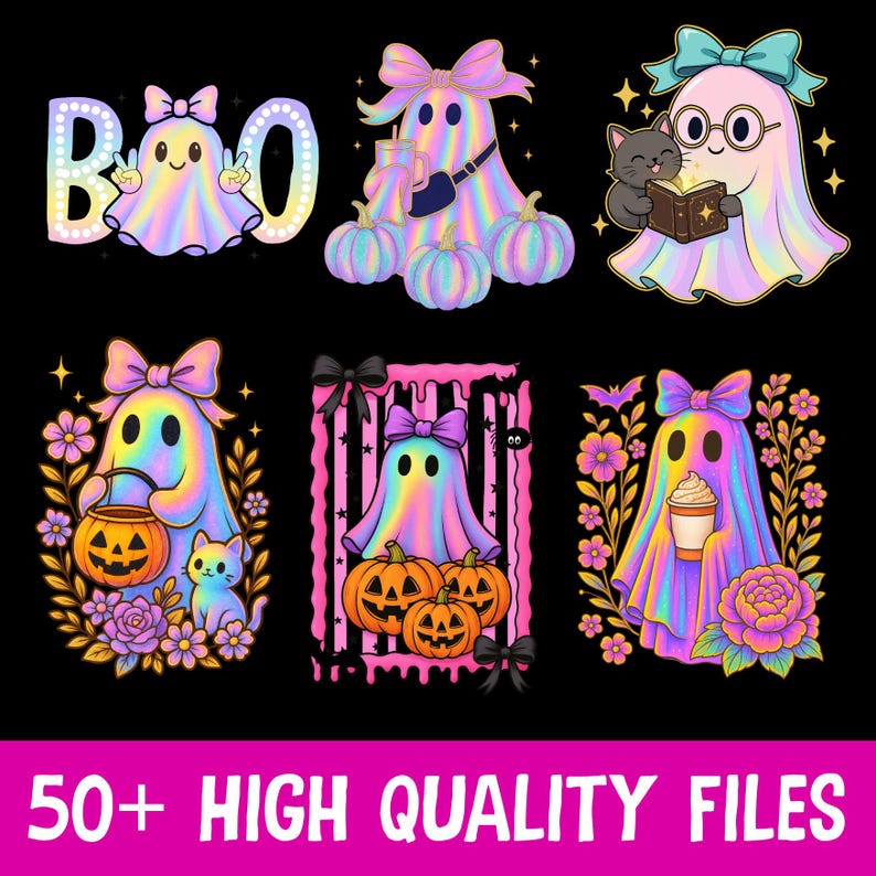 K&ouml;nnte beinhalten: Eine Sammlung farbenfroher Halloween-Illustrationen mit Geistern, K&uuml;rbissen und floralen Elementen. Die Geister sind mit Schleifen und Accessoires geschm&uuml;ckt. Das Wort "BOO" wird mit einem Geist im "O" geschrieben. Der untere Teil des Bildes lautet "50+ HIGH QUALITY FILES".