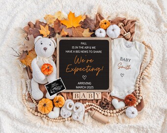 Herbst-Schwangerschaftsankündigung, Babymitteilung, digitaler Download, bearbeitbare Vorlage, Social Media Reveal, Instagram, Kürbis, den wir erwarten