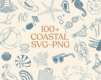 100+ Coastal Beach Clipart Bundle, SVG PNG for DIY and Sublimation, Hand-Drawn Ocean and  Nautical Elements