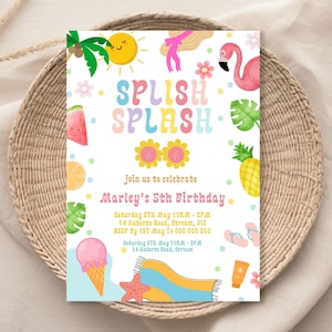 Editable Splish Splash Birthday Invitation Pool Party Girl Summer Waterslide Water Party Pink Download Printable Invite Template 1114