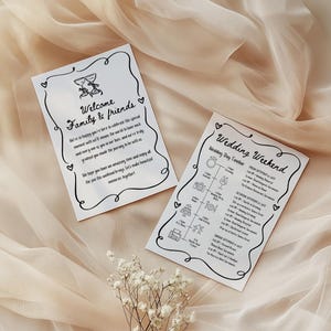 Lettre de bienvenue et chronologie de mariage imprimables dessinées à la main | Modèle de note d'invité modifiable | Calendrier des événements de mariage dessinés à la main Canva