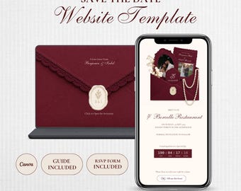 Save the Date Website Template | Elegant Burgundy Save the Date | Digital Wedding Invitation with RSVP | Instant Digital Download