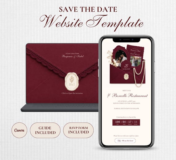 Save the Date Website Template | Elegant Burgundy Save the Date | Digital Wedding Invitation with RSVP | Instant Digital Download