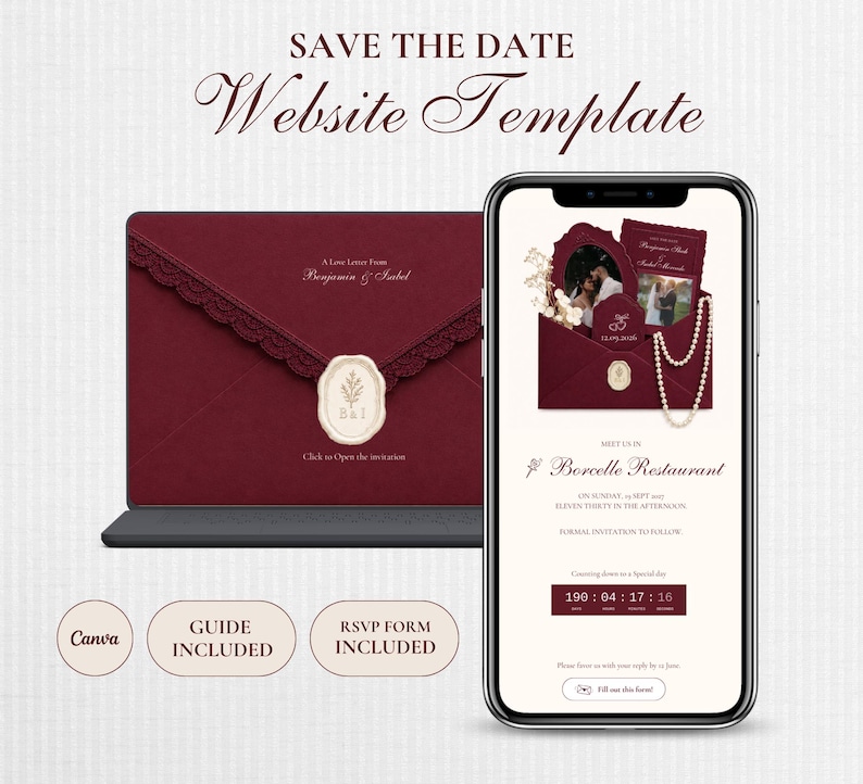 Save the Date website template | Elegante bordeauxrode Save the Date | Digitale trouwuitnodiging met RSVP | Direct digitaal te downloaden afbeelding 1