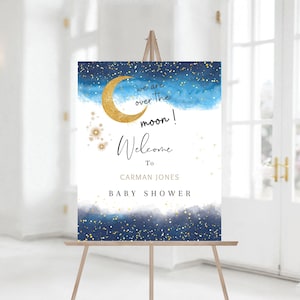 Editable We are over the Moon Baby Shower Welcome Sign, Blue Twinkle Little Star Baby Shower Welcome Sign, Printable Baby Shower Sign 1201