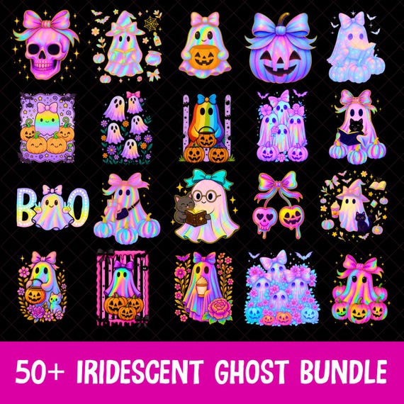 Iridescent Ghost Png Bundle, Spooky Season Coquette Halloween Png,Girly Halloween Png,Cute Ghost Png, Retro Neon Graphic Digital