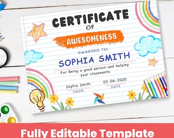 Editable Blank Certificate for Kids | Appreciation Certificate | Achievement Certificate | Certificate Template | Award of Awesomeness |