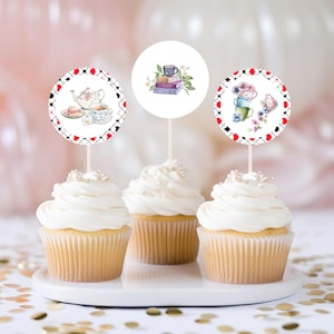 Editable Alice in Wonderland Birthday Party Cake Topper, Mad Tea Party Cupcake Topper cake decor 1248