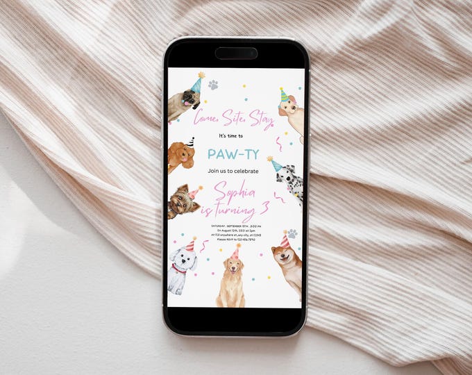 Editable Dog Birthday Party Invitation Puppy Birthday Invite Pink Girl ...