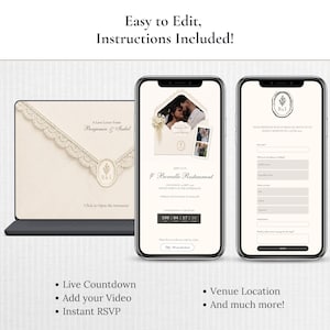May include: A digital wedding invitation suite displayed on a tablet and two smartphones. The design features a cream-colored envelope with lace trim, a photo of a couple, a countdown timer, venue details, and an RSVP form with input fields.