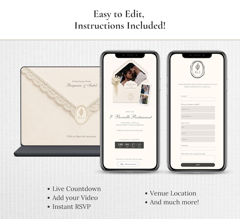 May include: A digital wedding invitation suite displayed on a tablet and two smartphones. The design features a cream-colored envelope with lace trim, a photo of a couple, a countdown timer, venue details, and an RSVP form with input fields.