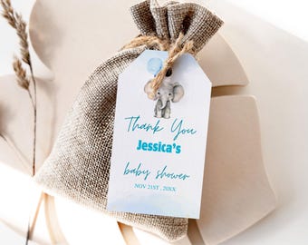 Editable Elephant Baby Shower Favor Tags, Blue Elephant Baby Shower Favor Tags, baby shower Gift tag 1202