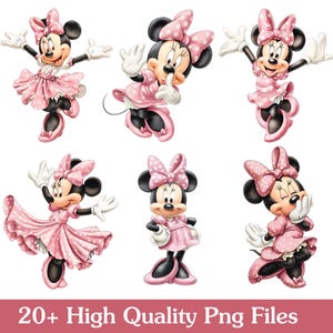 Pu&ograve; includere: Sei illustrazioni di Minnie Mouse in diverse pose, tutte con abiti rosa a pois bianchi e fiocchi abbinati. L'immagine include il testo "20+ High Quality Png Files" in basso, ideale per progetti digitali.