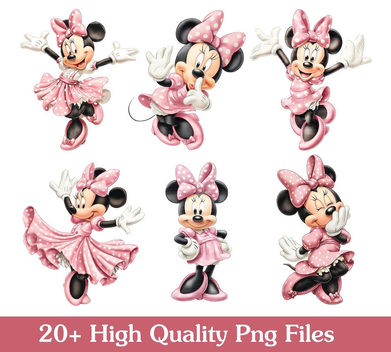 Pu&ograve; includere: Sei illustrazioni di Minnie Mouse in diverse pose, tutte con abiti rosa a pois bianchi e fiocchi abbinati. L'immagine include il testo "20+ High Quality Png Files" in basso, ideale per progetti digitali.