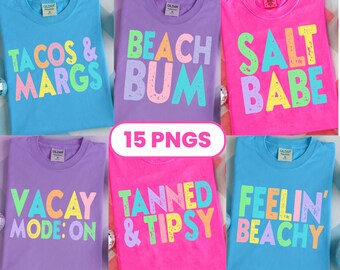 Paquete de 15 imágenes PNG de vida playera, dulce verano, vibrantes vibraciones veraniegas de neón, vagabundo playero, bronceado y achispado, PNG de playa angustiada, vagabundo de piscina