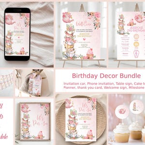 May include: A pink and gold tea party themed birthday party decor bundle. The bundle includes a welcome sign, a milestone sign, a table sign, a cake topper, a banner, a thank you card, a phone invitation, and a car invitation. The text on the signs says "Let's Par-tea" and "Jessica's 2nd Birthday".