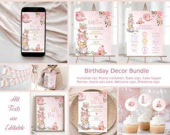Puede incluir: Un paquete de decoración de fiesta de cumpleaños con temática de fiesta de té rosa y dorado. El paquete incluye un letrero de bienvenida, un letrero de hitos, un letrero de mesa, un adorno para pastel, una pancarta, una tarjeta de agradecimiento, una invitación por teléfono y una invitación para automóvil. El texto en los letreros dice "Let's Par-tea" y "Jessica's 2nd Birthday".