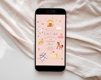 Editable Farm Birthday Mobile Invitation Girl Farm Animals Pink Barnyard Party Modern Pastel Download Printable Invite Template Digital 059